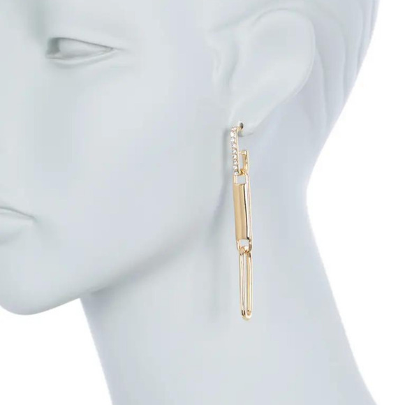 14K Gold Diamond Paper Clip Earrings CZ Pave Diamond Long Dangle Earrings Gold - Picture 2 of 6